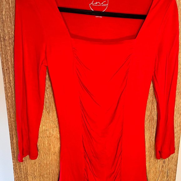 INC Ruby Red Ruched Front 3/4 Length Sleeve Stretchy Dress Shirt - Picture 5 of 8